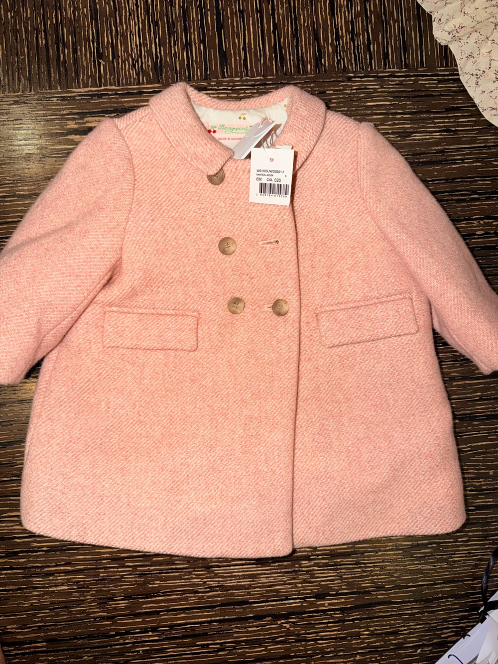 Bonpoint Baby ‘Moka’ Double-Breasted Pink Wool-Blend Peacoat- NWT 6mo